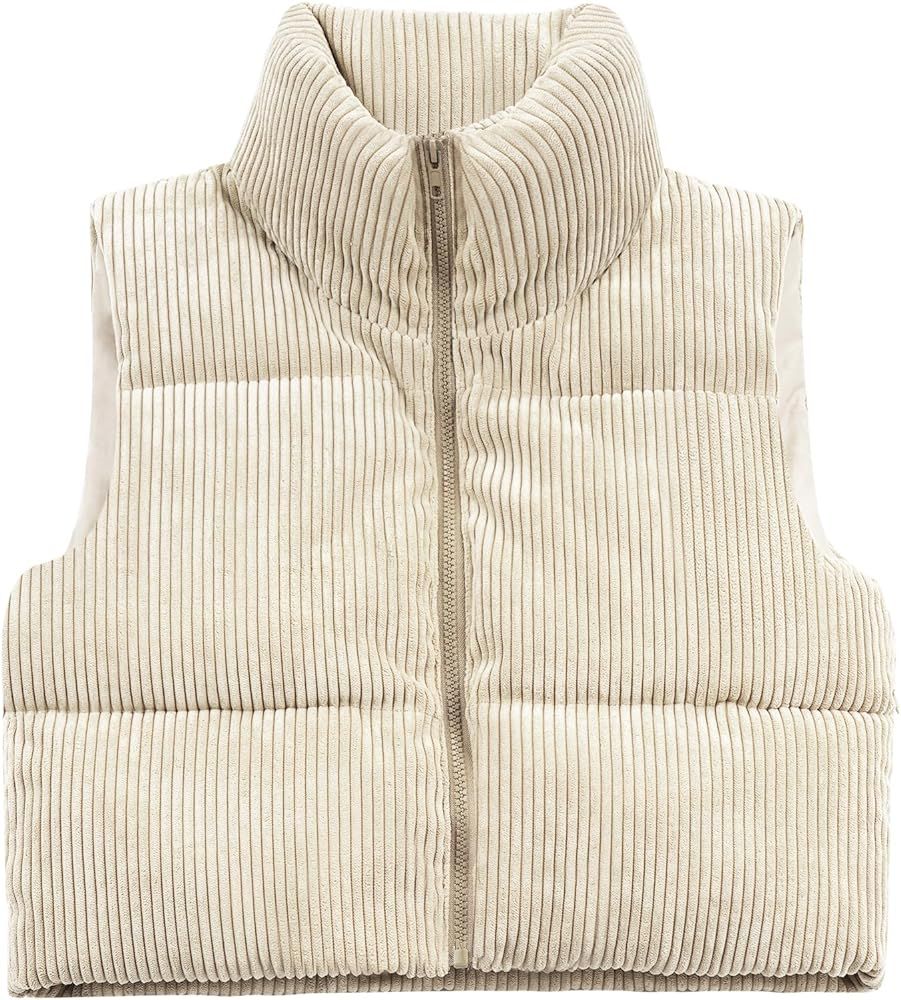 WUEAOA Women's Cropped Puffer Vest Winter Sleeveless Warm Outerwear Vests Lightweight Corduroy Co... | Amazon (US)