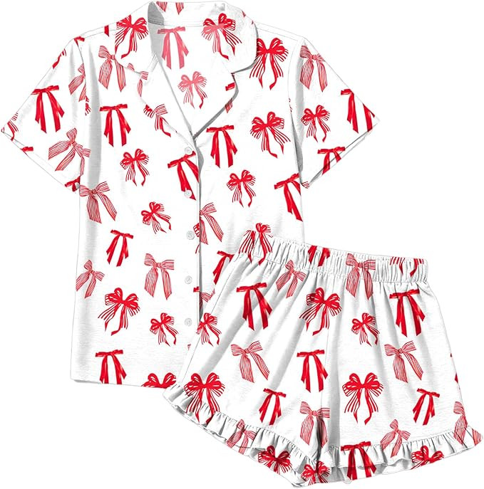 Christmas Pajamas Sets Women Xmas Button Down Pjs Set Silk Holiday Vneck Sleepwear Santa Short Sl... | Amazon (US)