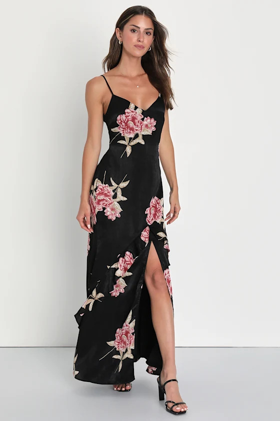Elegant Excellence Black Floral Print Satin Maxi Dress | Lulus (US)