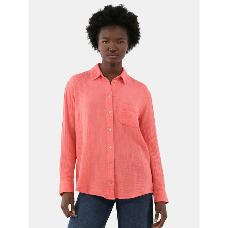 Time and Tru Women's Double Cloth Cotton Shirt, Sizes S-XXXL | Walmart (US)