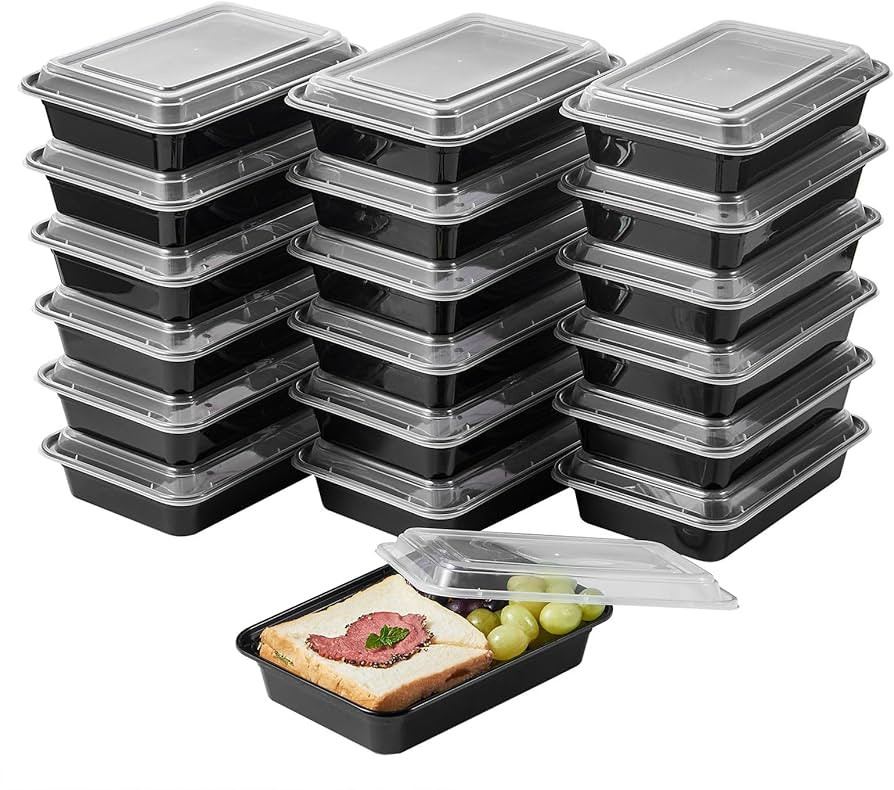 50 Pack Meal Prep Plastic Food Storage Containers With Lids 28 oz 1 Compartment Black Rectangular... | Amazon (US)