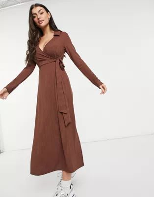 ASOS DESIGN rib midi wrap dress with long sleeves in chocolate brown | ASOS (Global)