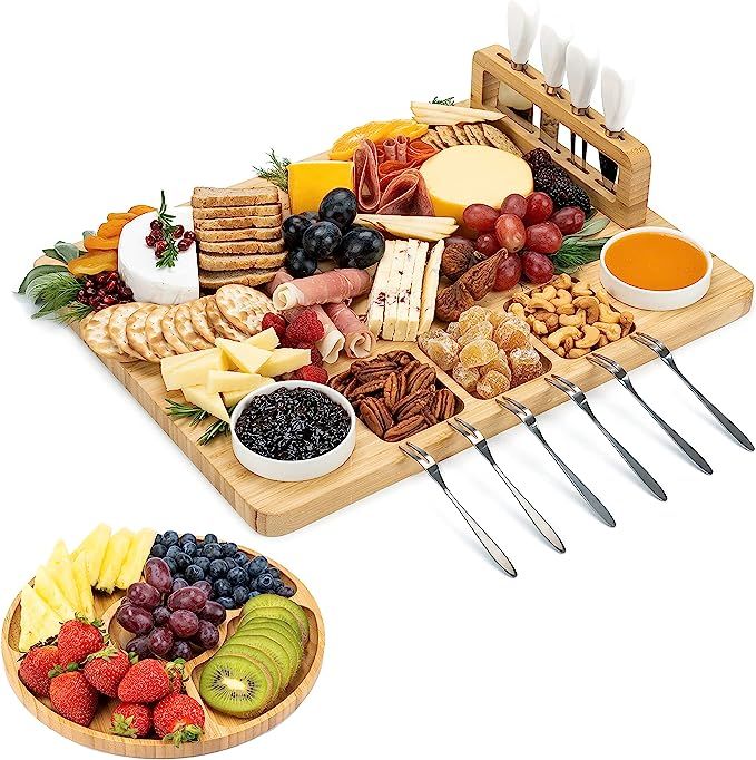 SMIRLY Bamboo Cheese Board and Knife Set: Large Charcuterie Boards Set, Cheese Tray Platter - Uni... | Amazon (US)