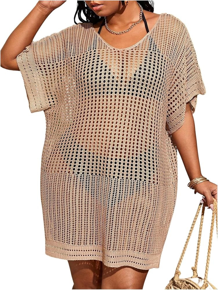 SOLY HUX Women's Plus Size Casual Summer Short Sleeve Cover Up Hollow Out Split Swimsuit Bikini B... | Amazon (US)