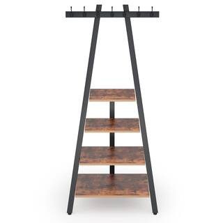 BYBLIGHT Carmalita Brown and Black Entryway Coat Rack with 4 Open Ladder Shelves and 6-Hanging Hooks | The Home Depot