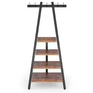 BYBLIGHT Carmalita Brown and Black Entryway Coat Rack with 4 Open Ladder Shelves and 6-Hanging Hooks | The Home Depot