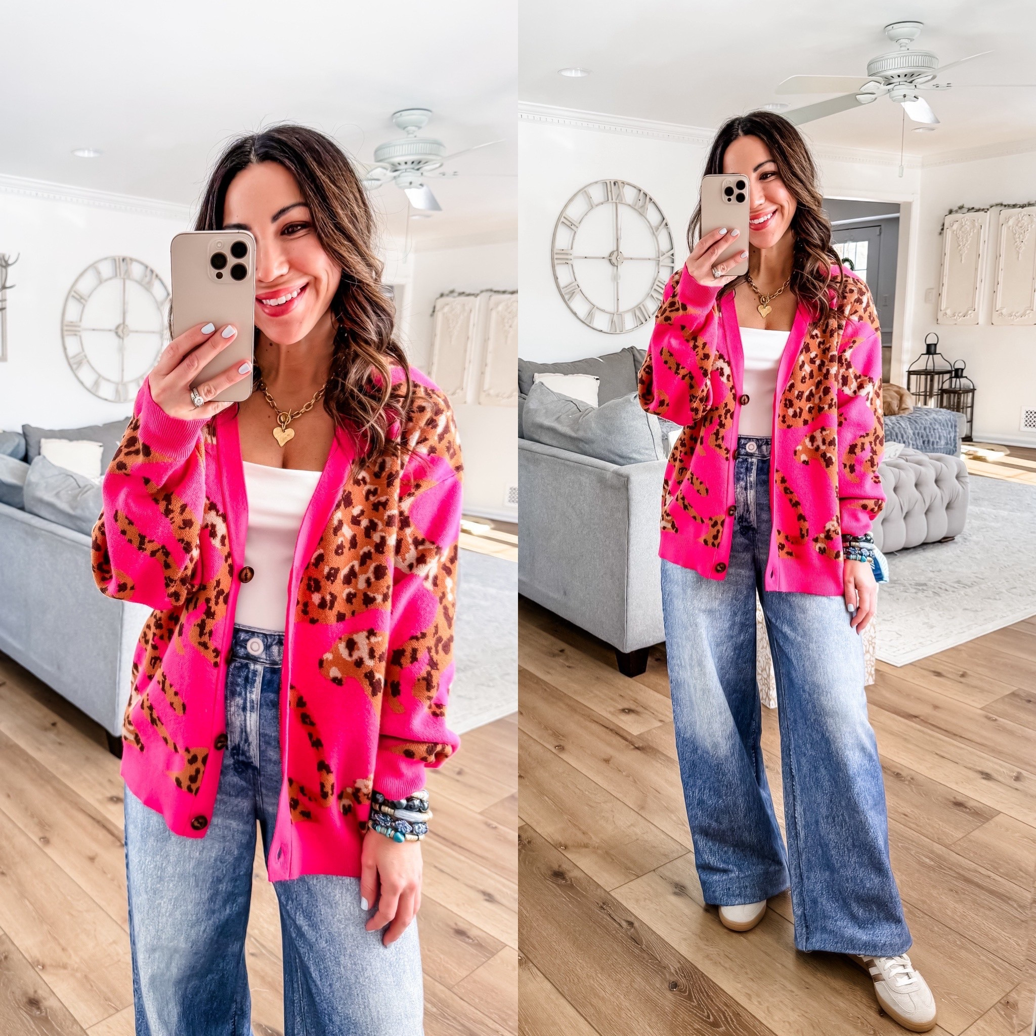 Jeans small. I used hemming tape. White bodysuit small. Pink cardigan small. Sneakers size down. Robe small. Bracelets code HOUSEOFLEO20. 

Sweatpant jeans, leopard cardigan. Pajama jeans. 





#LTKValentine #LTKootd #LTKOver40