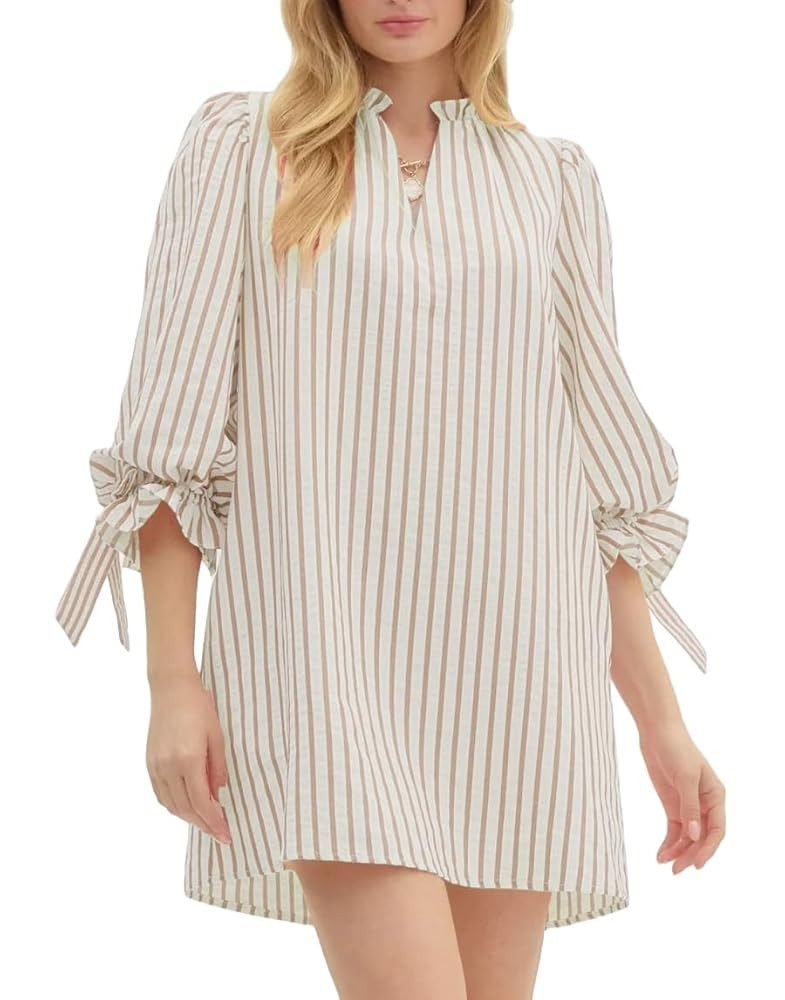 Striped Dress for Women V Neck 3/4 Bow Puff Sleeve Summer A Line Flowy Shirt Dress with Pockets | Amazon (US)
