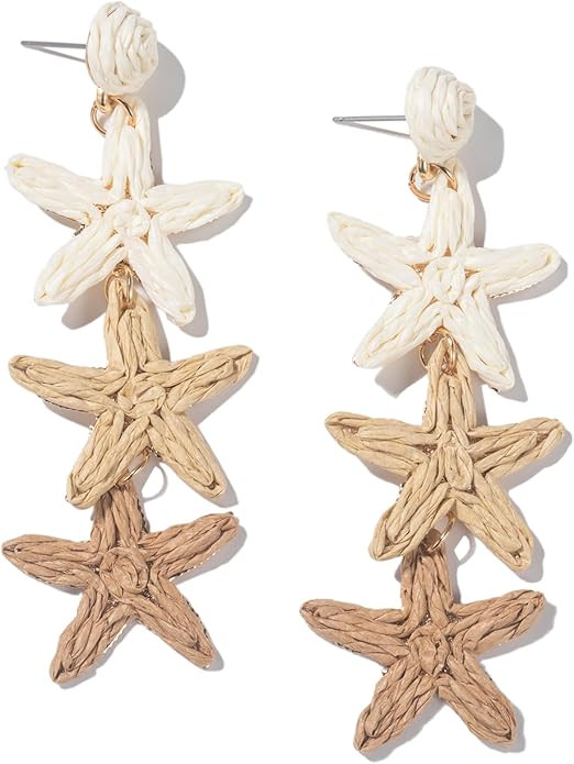 Boho Raffia Earrings Starfish Shell Seashell Dangle Drop Earrings Cute Statemnet Trendy Jewelry S... | Amazon (US)