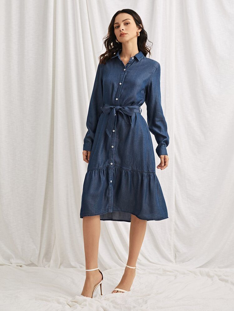 Ruffle Hem Belted Shirt Denim Dress | SHEIN