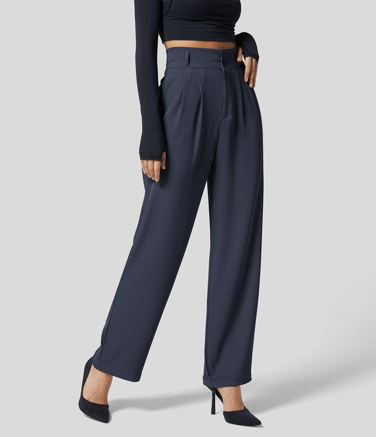 High Waisted Button Zipper Plicated Side Pocket Shirred Straight Leg Work Suit Pants | HALARA