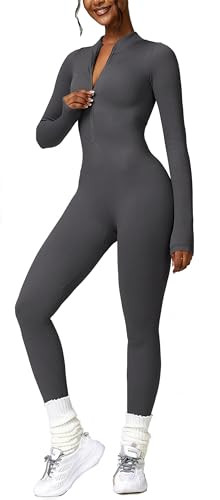 GymNatural Jumpsuits for Women Long Sleeve Ribbed Gym One Piece Workout Outfit Zip Up Bodycon Sexy Bodysuit Yoga Romper Grey Small | Amazon (US)