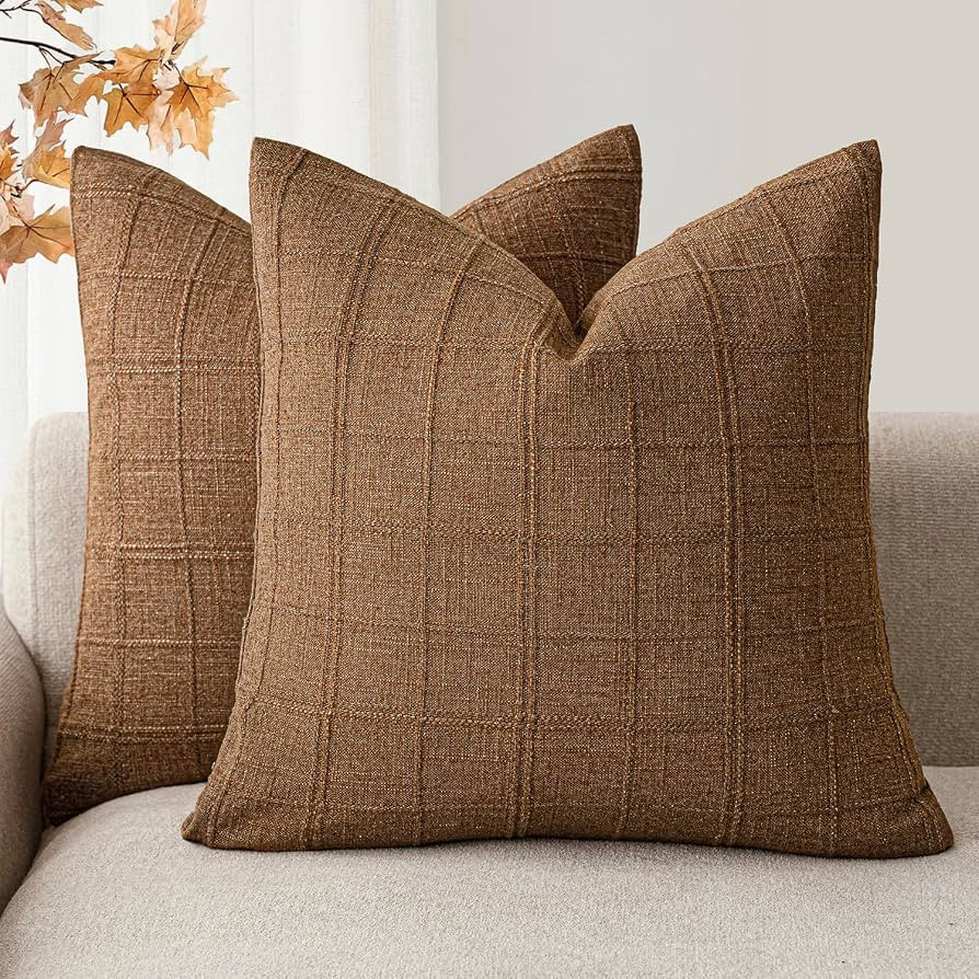 Foindtower Boho Linen Check Decorative Throw Pillow Cover 20\u00d720 Brown Hazel | Amazon (US)