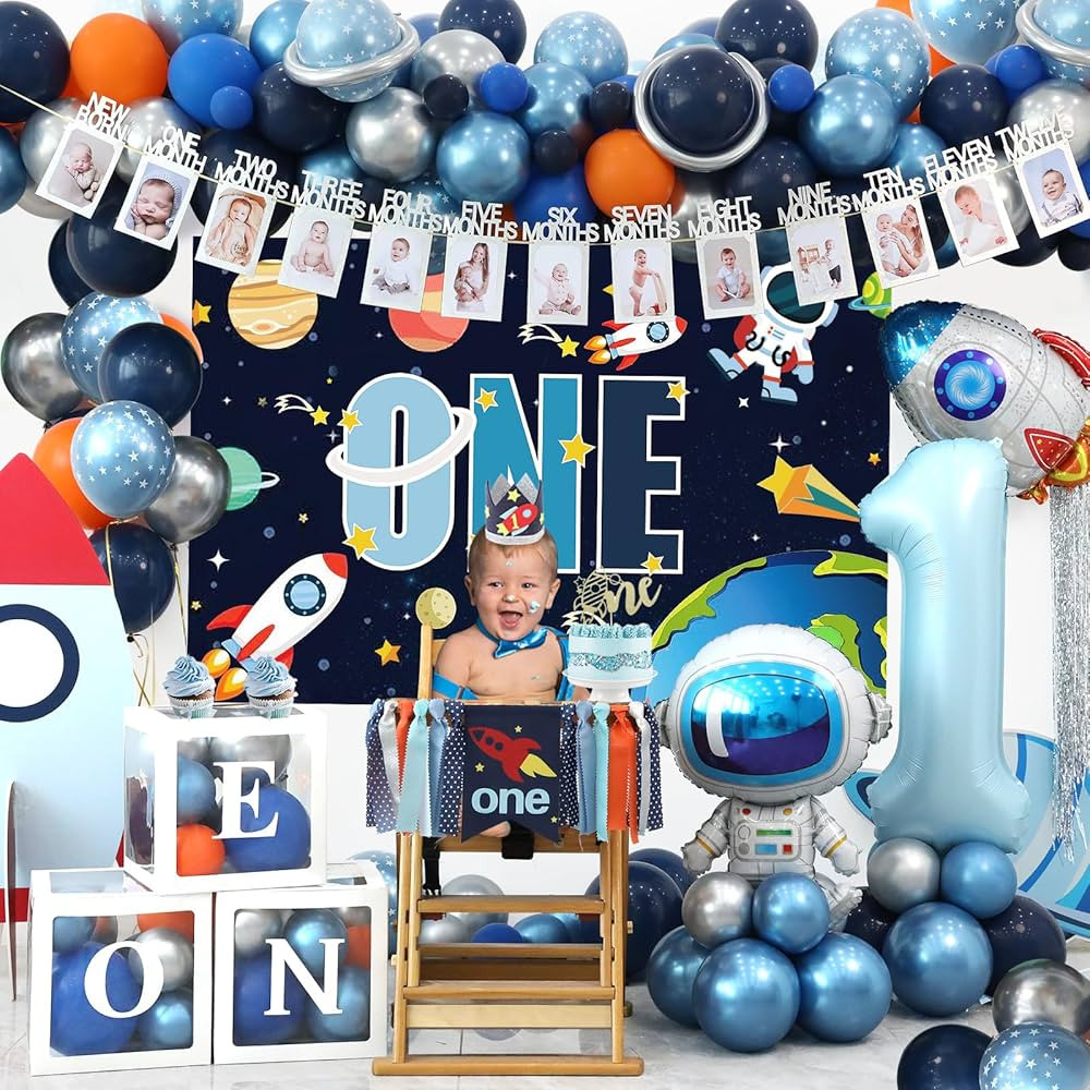 Astronaut 1st Birthday Decorations for Boys Outer Space Theme Baby First Party with Blue Planet B... | Amazon (US)