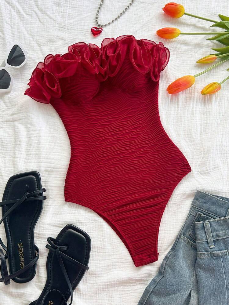 Soleia Exaggerated Ruffle Trim Strapless Women's Bodysuit, Suitable For Party, Holiday, Date, Afternoon Tea, Vacation, Music Festival, Beach, Summer Outfit, Boho, Vacation, Crochet, Linen | SHEIN