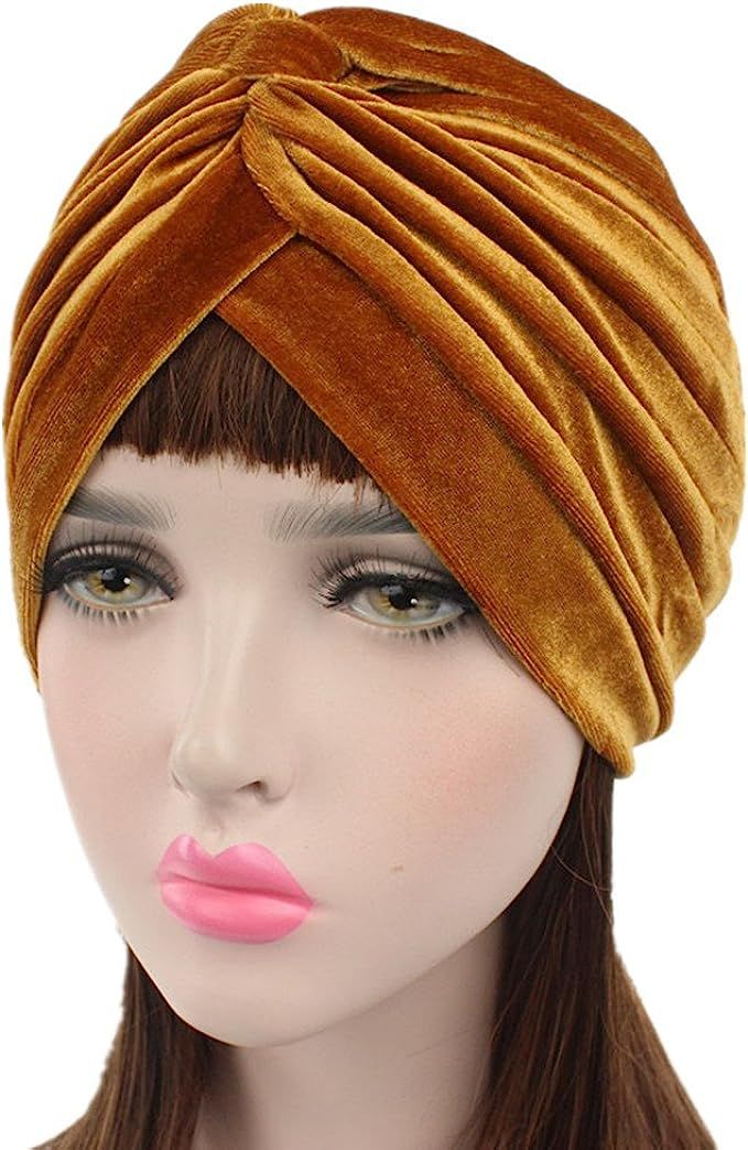 beauty YFJH Pleated Stretch Ruffle Women's Velvet Chemo Turban Hat Wrap Cover | Amazon (US)
