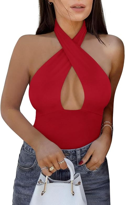 REORIA Butsmooth® Women's Trendy Sexy Criss Cross Halter Neck Sleeveless Thong Bodysuits Tops Cl... | Amazon (US)