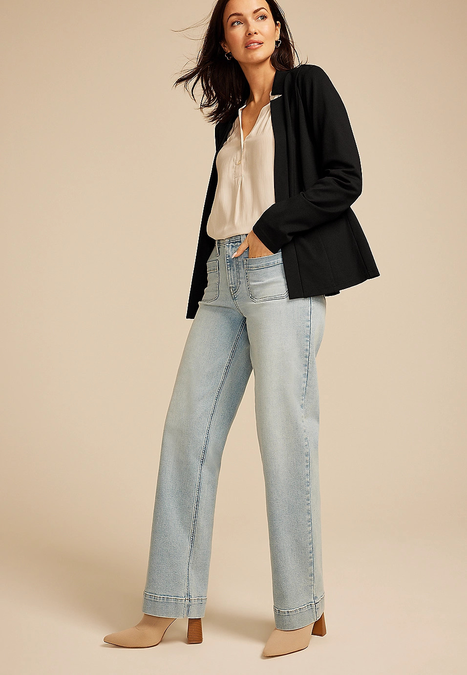 Black Ponte Knit Open Front Blazer | Maurices