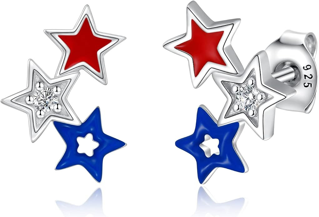 American Flag Earrings for Women Fourth of July Patriotic Stud Earrings 925 Sterling Silver USA I... | Amazon (US)