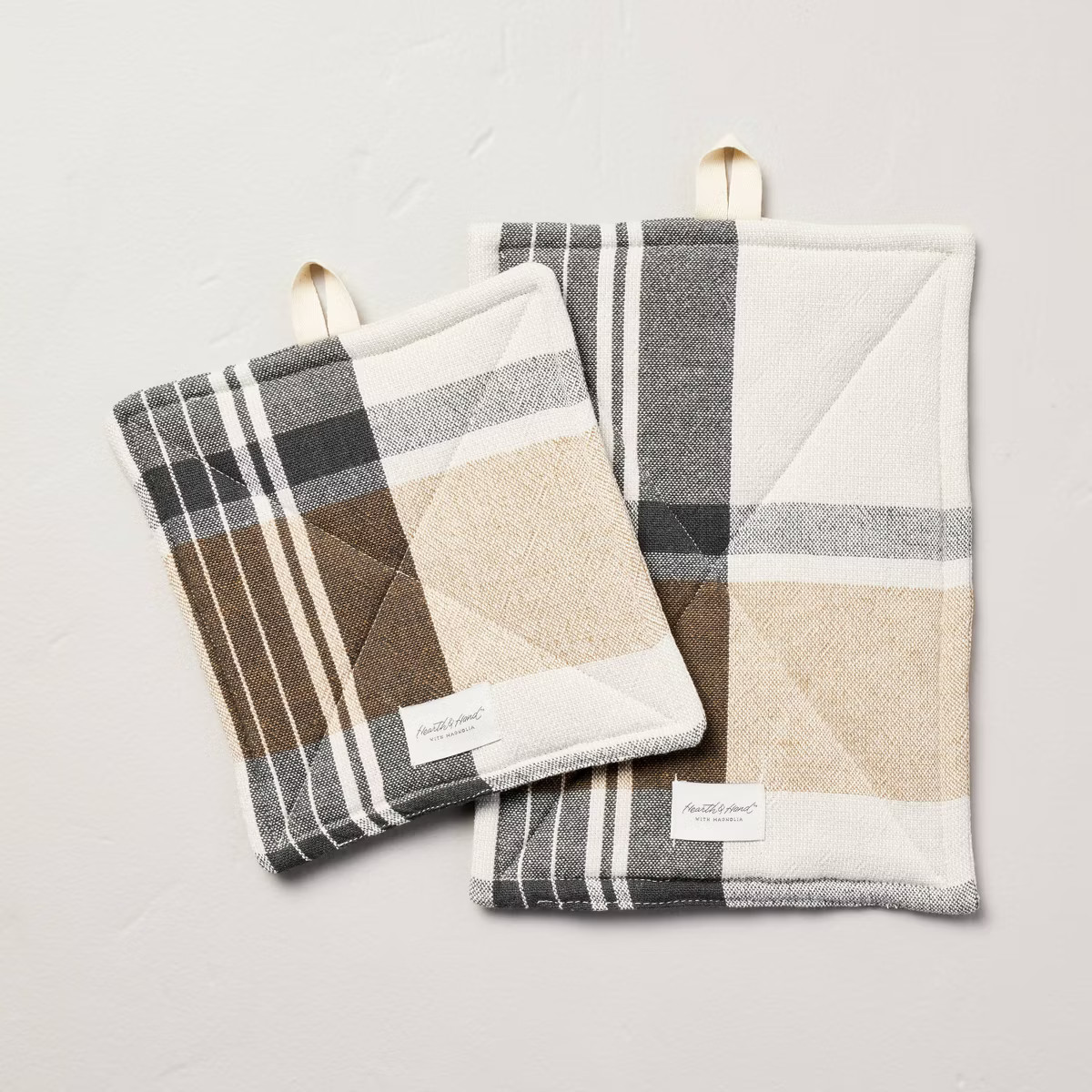 2pc Fall Plaid Potholder Set Cream/Almond/Gray - Hearth & Hand™ with Magnolia | Target