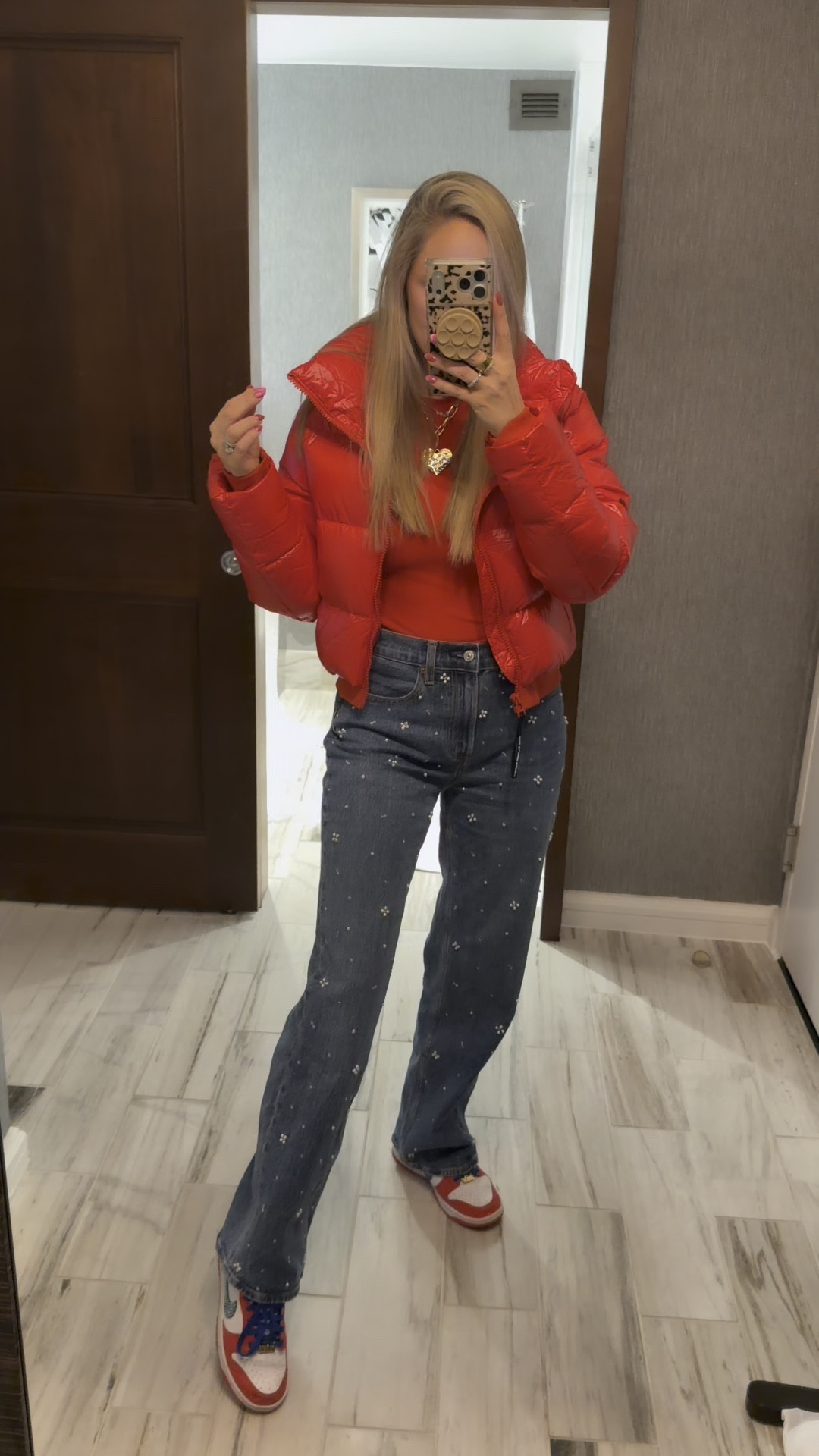Can’t get over these pearl denims and red puffer! Cheer mom outfit ❤️
@Aritzia 

#LTKootd #LTKgrwm #LTKOver40