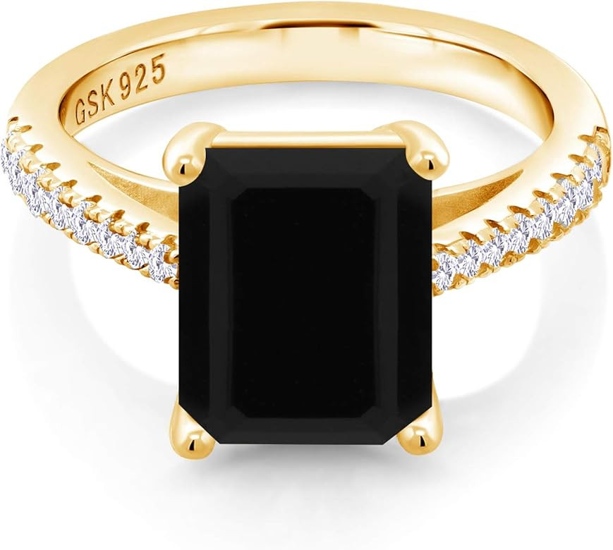 Gem Stone King 18K Yellow Gold Plated Silver Black Onyx and White Created Sapphire Ring For Women... | Amazon (US)