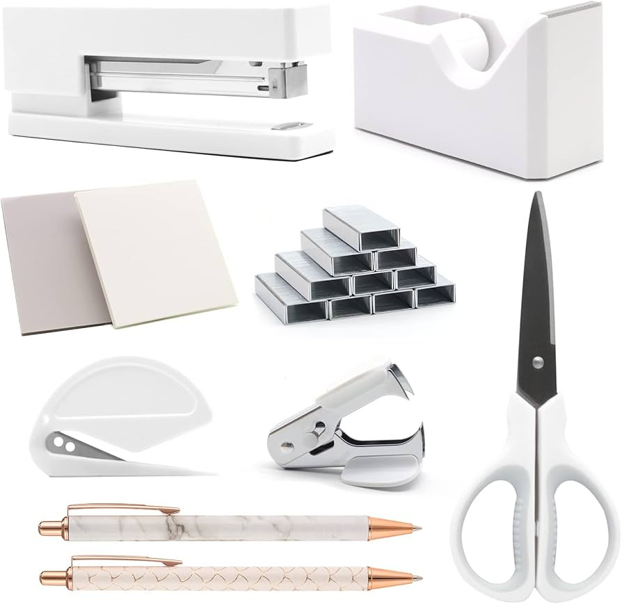 White Office Supplies, Shellvcase White Desk Accessories, Stapler and Tape Dispenser Set for Wome... | Amazon (US)