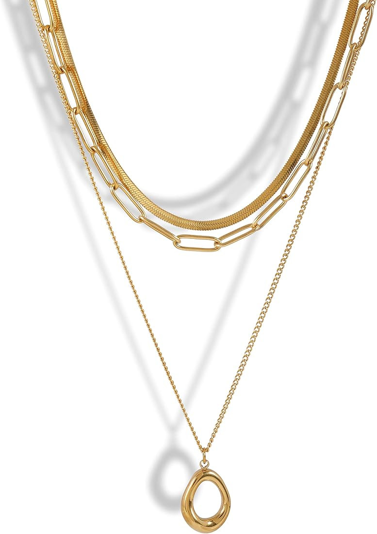 Layered Gold Necklaces For Women 14K Real Gold Plated Herringbone Chain Choker Necklace Figaro Ch... | Amazon (US)