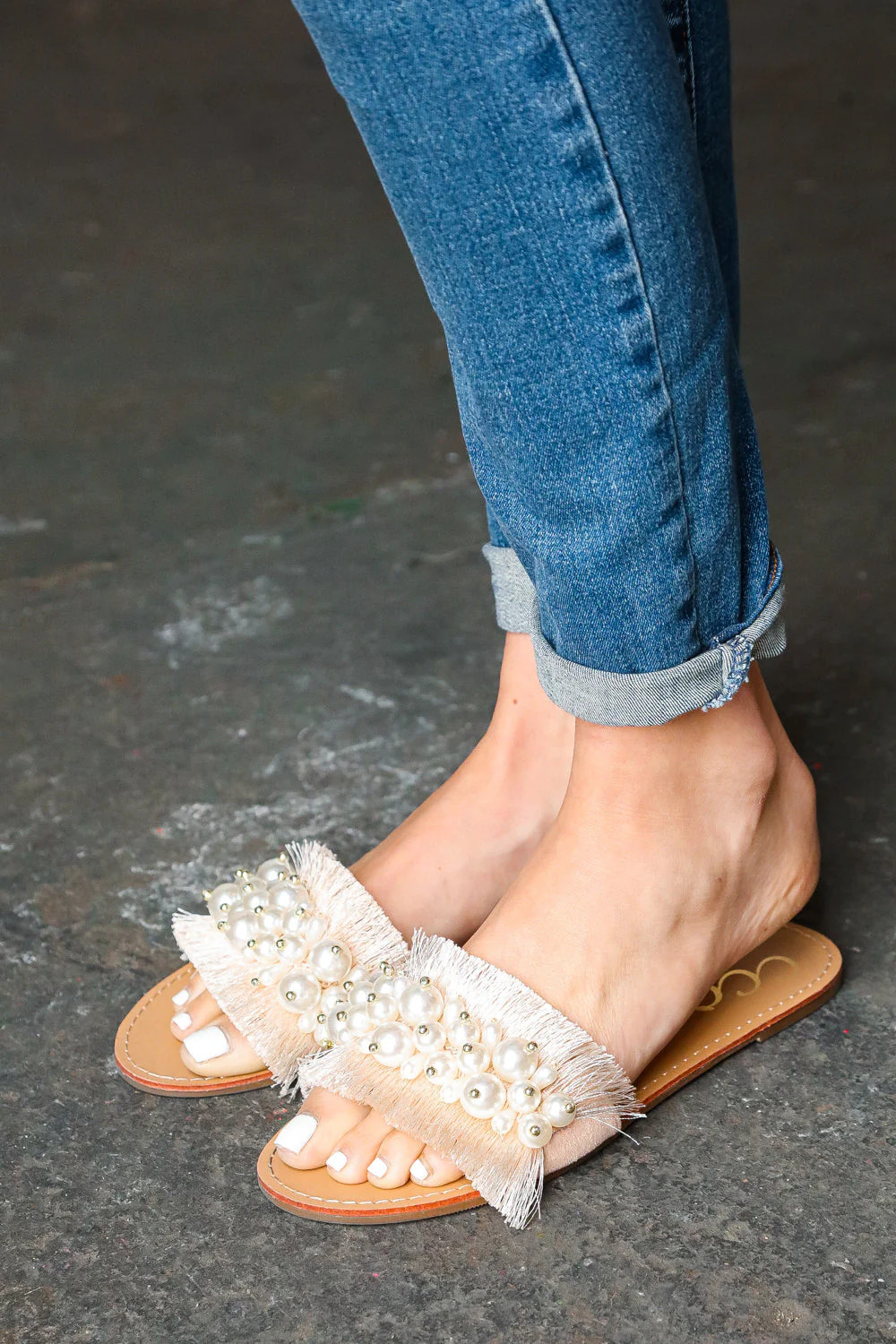 Blush Linen Fray Beaded Faux Pearl Slide Sandal *online exclusive | Shop Sassy Boutique