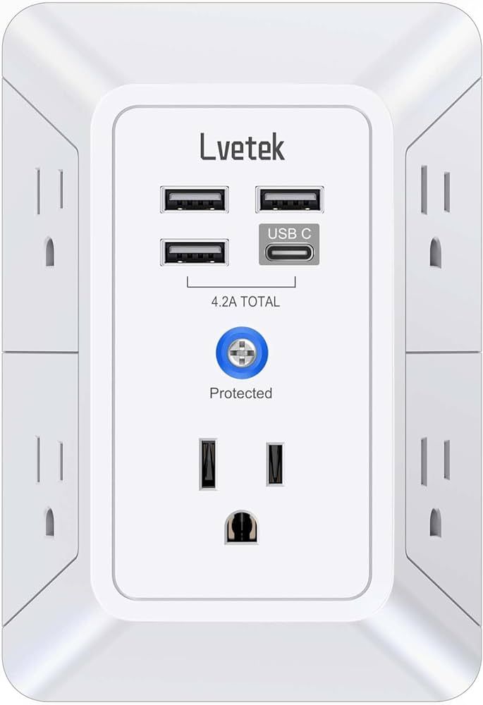 Surge Protector USB Outlet Extender - 5-Outlet Splitter Wall Charger with 4 USB Ports (1 USB C) 3... | Amazon (US)