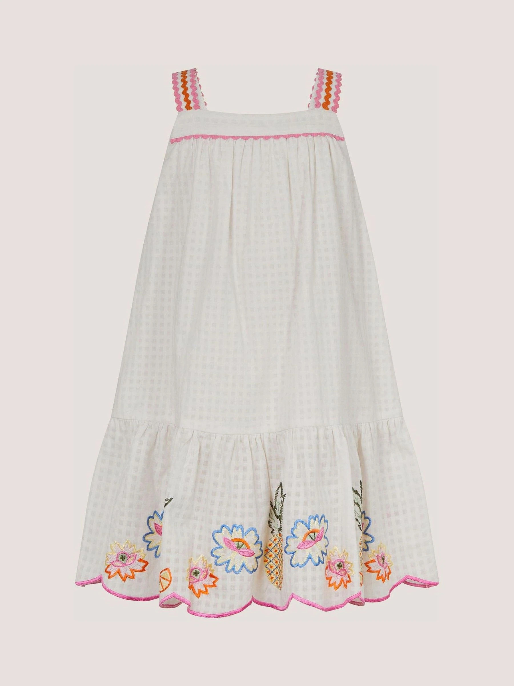 Monsoon Monsoon White Pineapple Embroidered Scallop Trim Dress | Next US