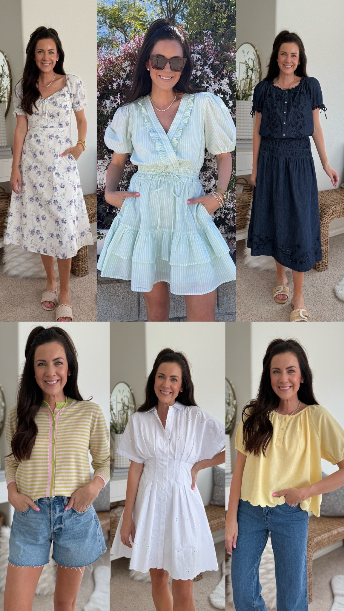 Walmart order that’s giving Anthropologie, Madewell & Jcrew energy😍👏🏻 so many cute dresses for spring! 
.
.
SIZING-
Striped green + blue dresses-small
Midi floral dress-small
Cardigan-medium
Barrel jeans-2
Jean shorts-2
White eyelet dress-small
Yellow blouse-small
Chambray blouse-small
Chambray matching skirt-small
Blue eyelet dress-extra small
I’d say everything if you’re between sizes you can go down except I did size up in the cardigan for more relaxed fit !
.
.
#walmartstyle spring Walmart haul, spring Walmart outfits, Walmart outfits for spring, affordable outfits, mom style