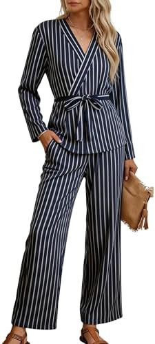 Tanming Womens Pajama Sets Wrap Belted Tops Wide Leg Pants Cute Pjs Striped 2 Piece Lounge Set | Amazon (US)