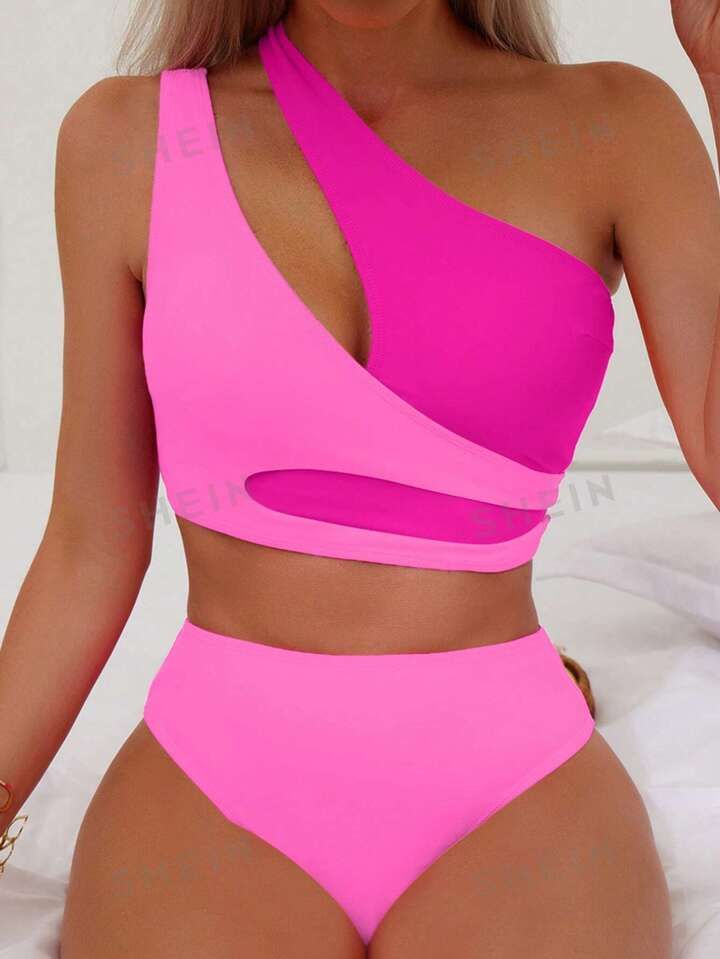 Color Block One Shoulder Bikini Swimsuit | SHEIN