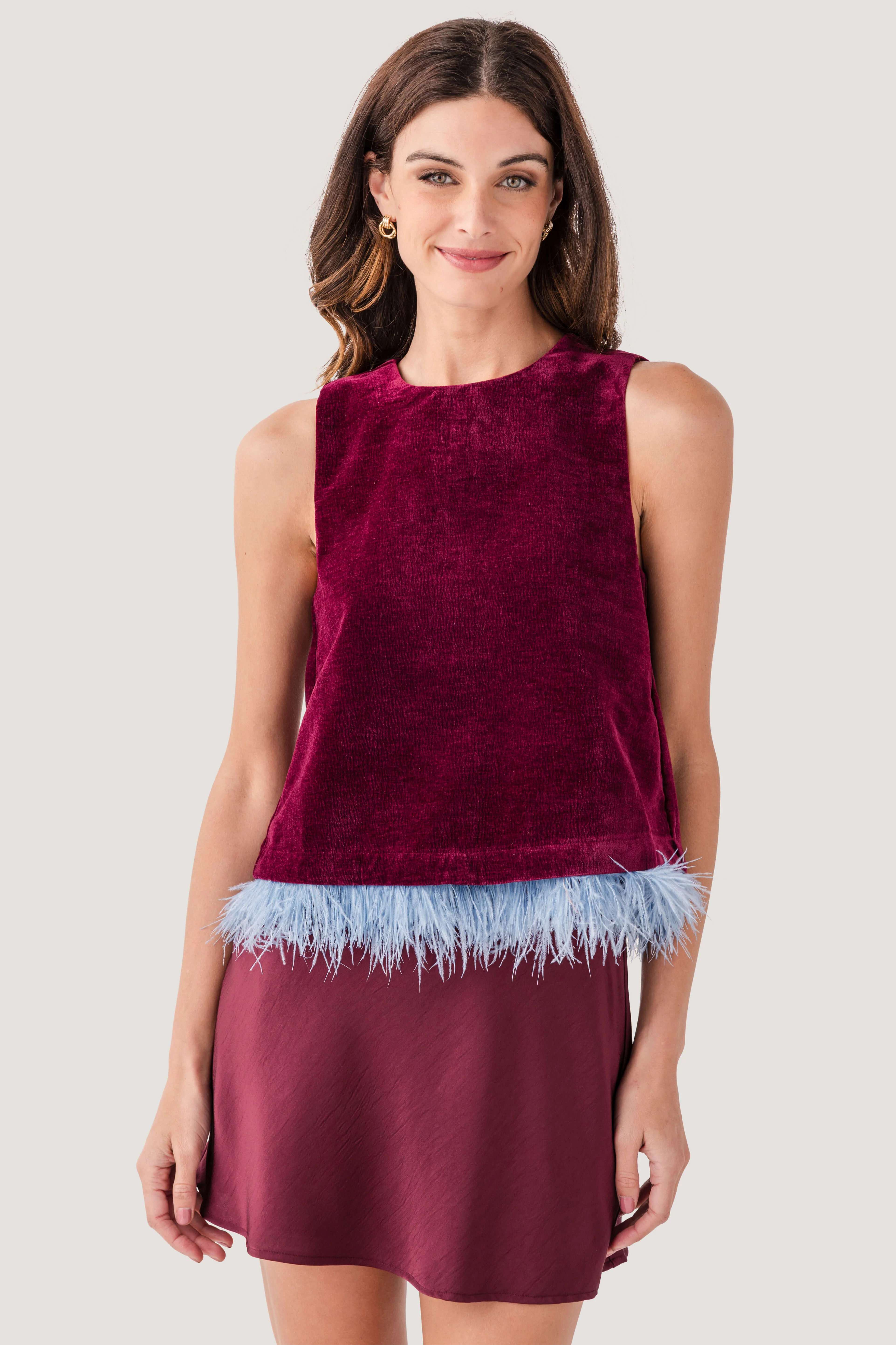 THML Solid Feather Trim Top | Social Threads