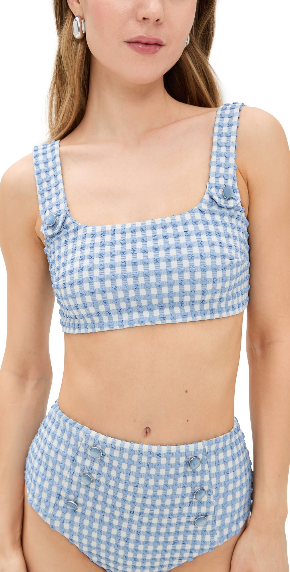 SIMKHAI Ainsley Button Front Tank Bikini Top Blue Hydrangea Gingham L | Shopbop