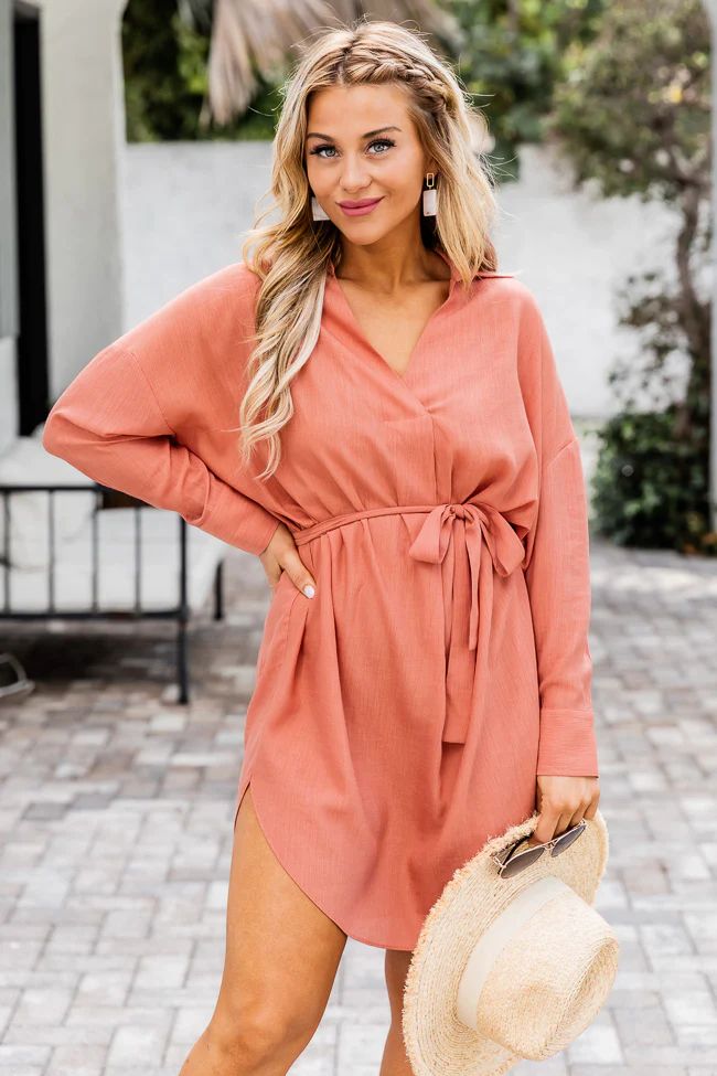 As Easy As Can Be Terracotta Wrap Tie Mini Dress | Pink Lily