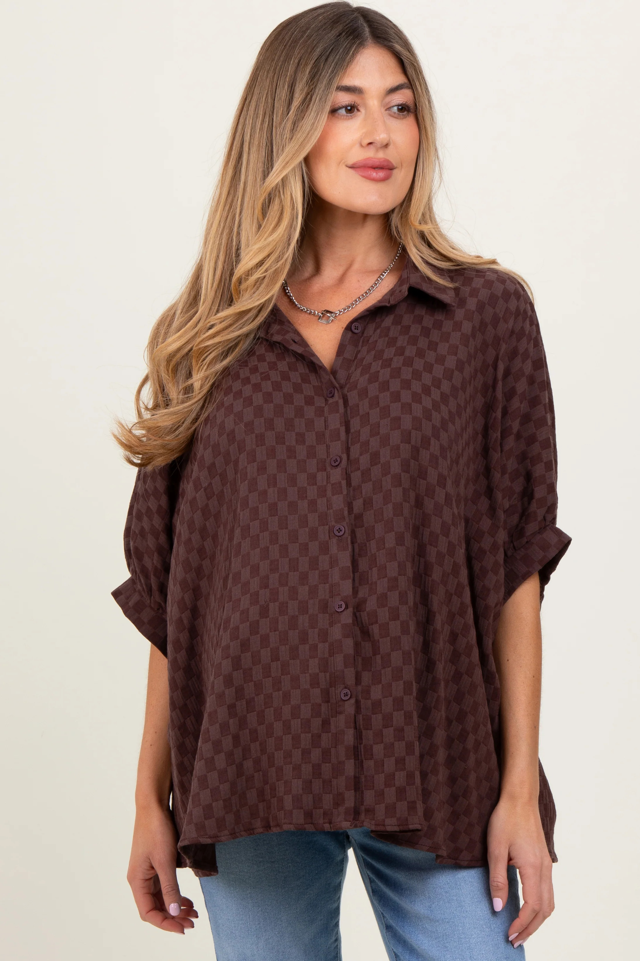 Brown Checker Print Short Sleeve Oversized Maternity Blouse | PinkBlush Maternity