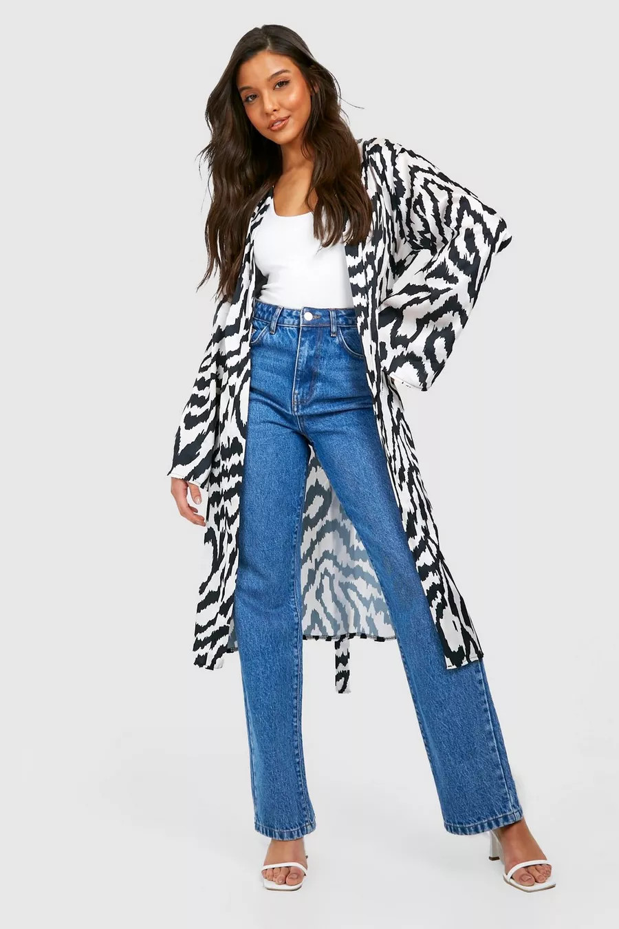 Satin Abstract Zebra Print Maxi Kimono | Boohoo.com (US & CA)