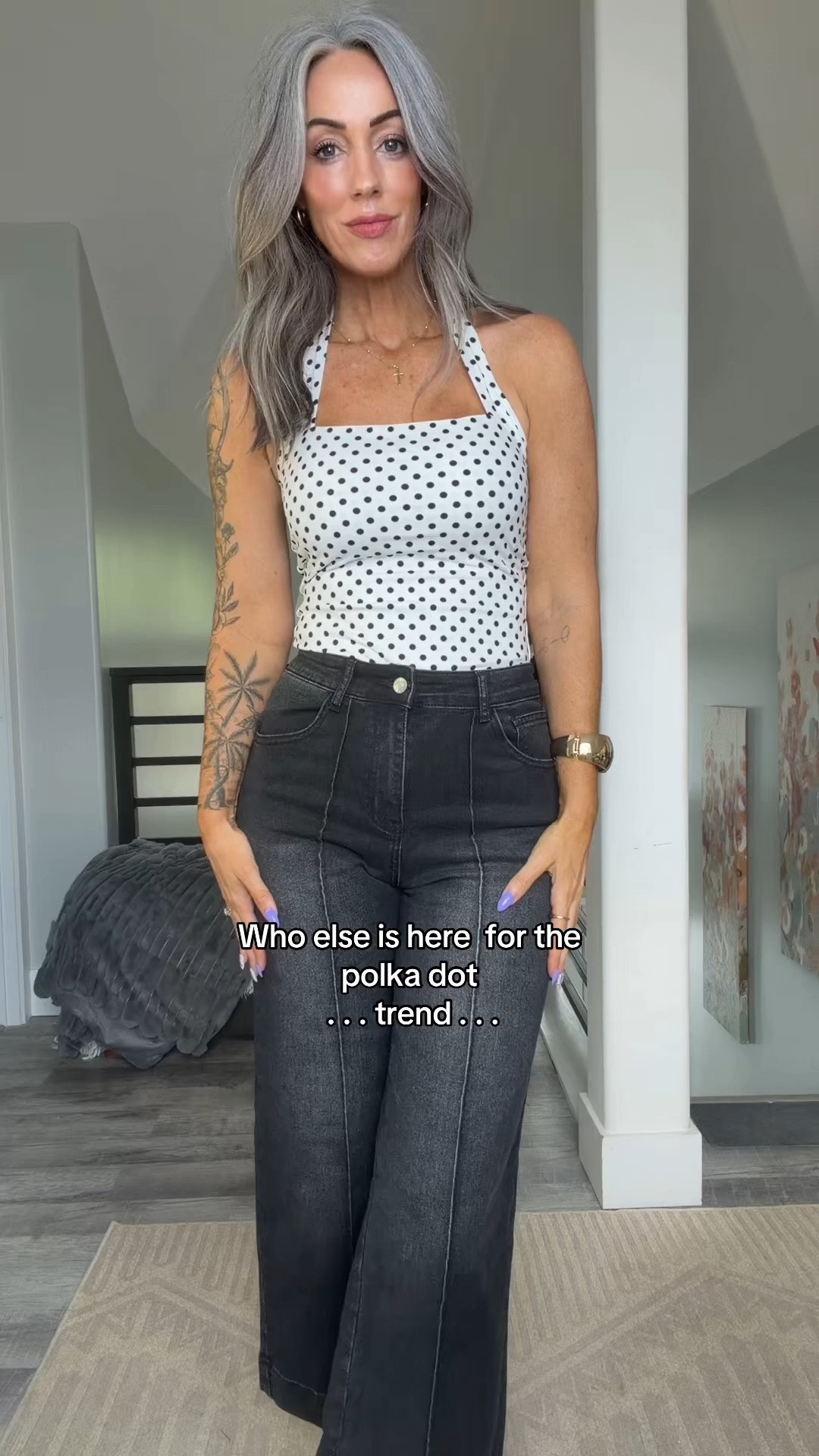 Here for the polka dot trend! These tops are double lined and stretchy, so comfortable! Wearing size Sm in all.