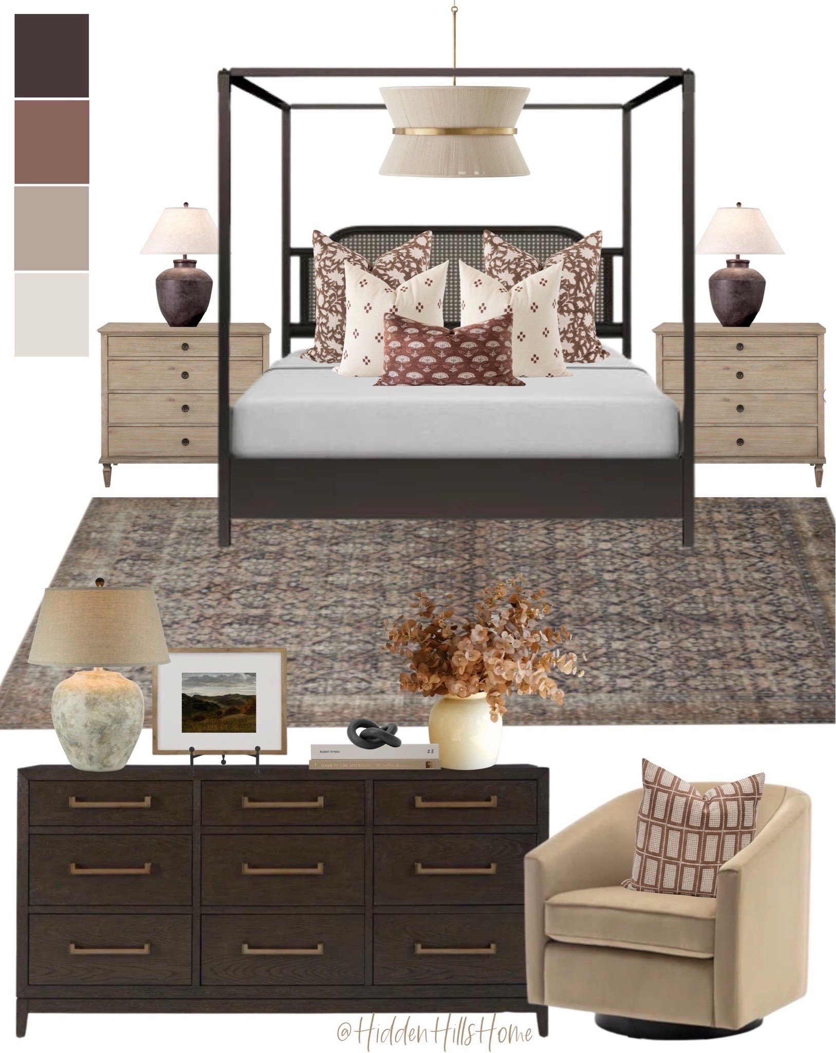 Bedroom design, canopy bed, bedroom chair, bedroom rug, light fixture, nightstand, primary bedroom mood board #bedroom