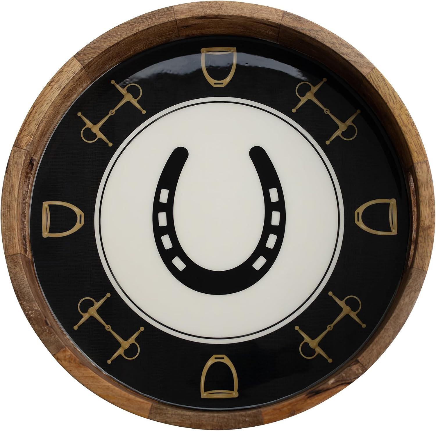 Round Black and Gold Wooden Equestrian Home Decor Tray with Horseshoe and Bit by Huntley Equestrian | Amazon (US)