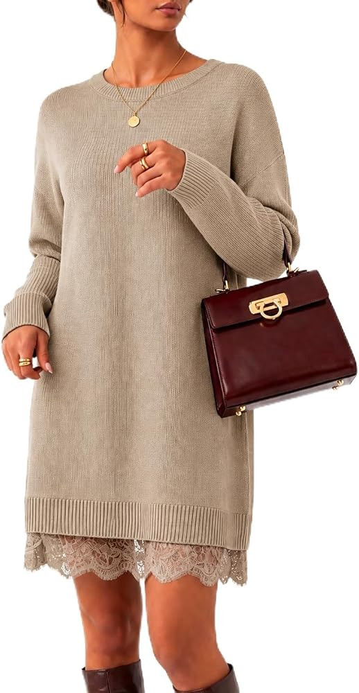 Kinghua Long Sleeve Sweater Dress Fall Lace Crew Neck Knit Oversized Dress | Amazon (US)