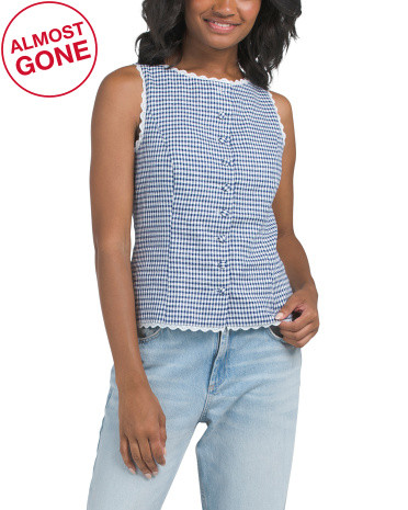 Linen Blend Gingham Vest With Lace Detail | TJ Maxx