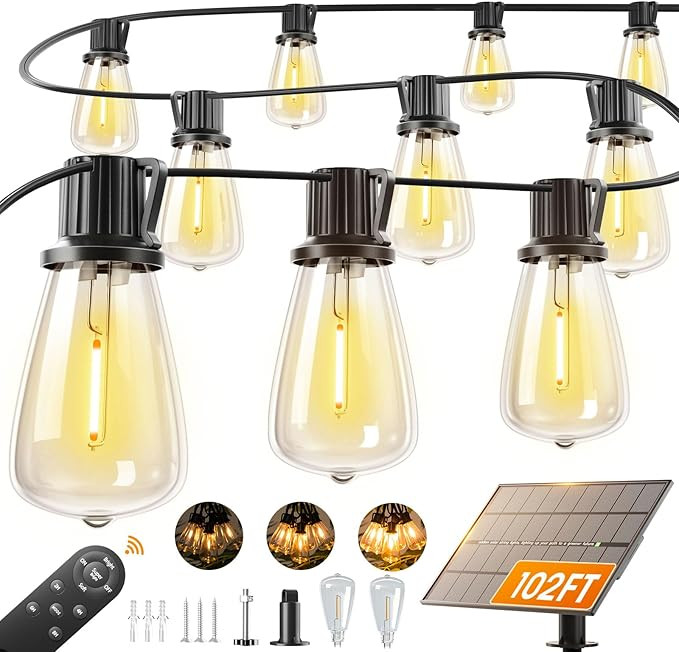 addlon 102FT(96+6) Solar String Lights Outdoor Waterproof with Remote, 30+2 LED Shatterproof Bulb... | Amazon (US)