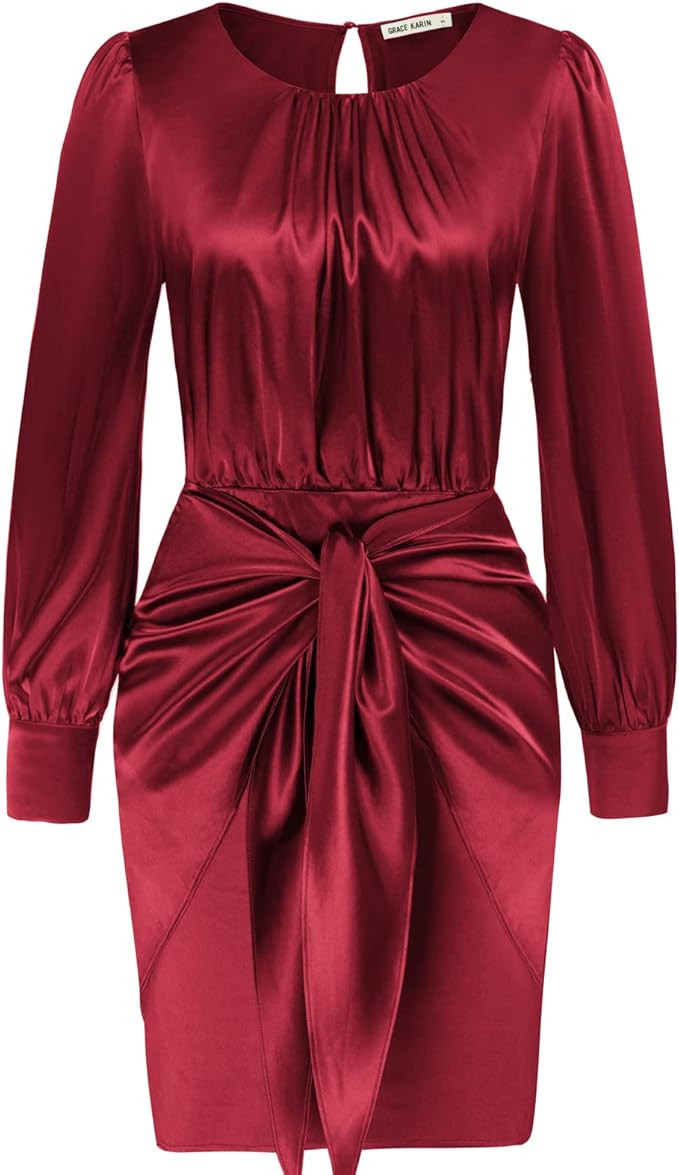 Amazon.com: GRACE KARIN Women's Satin Mini Dress Ruched Tie Waist Long Sleeve Cocktail Dress Wine... | Amazon (US)