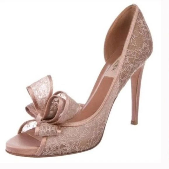 Valentino Beige Floral Lace Couture Bow Peep Toe Platform Pumps Size 8.5 | eBay US