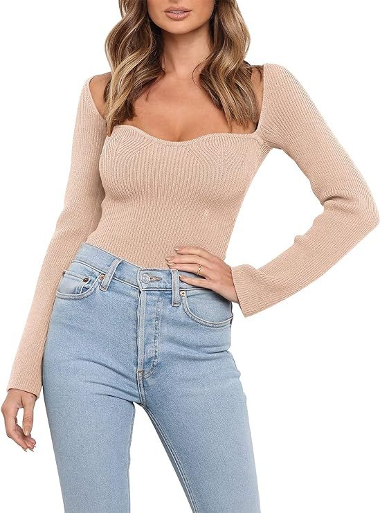 ANRABESS Womens Long Sleeve Sweetheart Neck Stretch Ribbed Knit Slim Fit Solid Crop Sweater Top | Amazon (US)