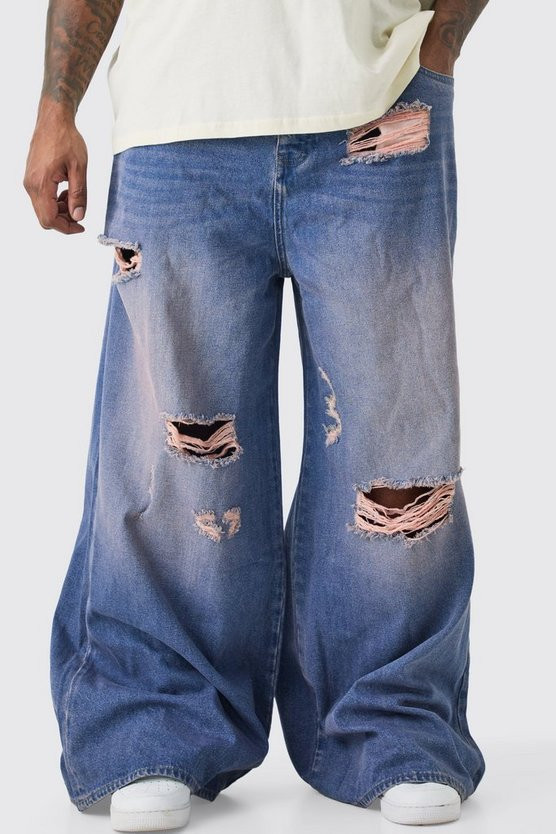 Plus Extreme Baggy Overdyed Frayed Applique Jeans | boohooMAN (US & Canada)