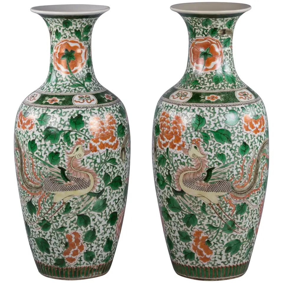 Pair of Chinese Porcelain Famille Verte Vases, circa 1840 | 1stDibs